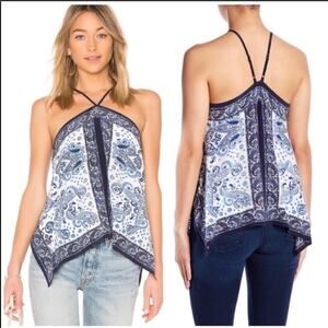 NEW JOIE Damesha Navy Blue White Paisley Silk Halter Tank Top Shirt Blouse XS